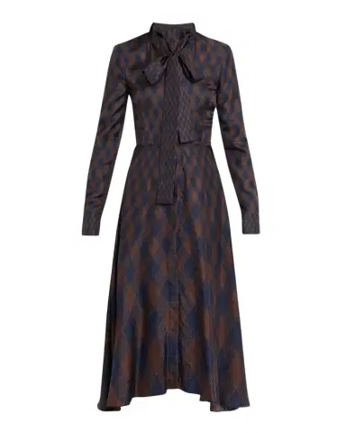 Oscar de la Renta Long-Sleeve Tie-Neck Argyle Silk Midi Dress | Thumbnail 1 Oscar de la Renta Long-Sleeve Tie-Neck Argyle Silk Midi Dress | Thumbnail 1