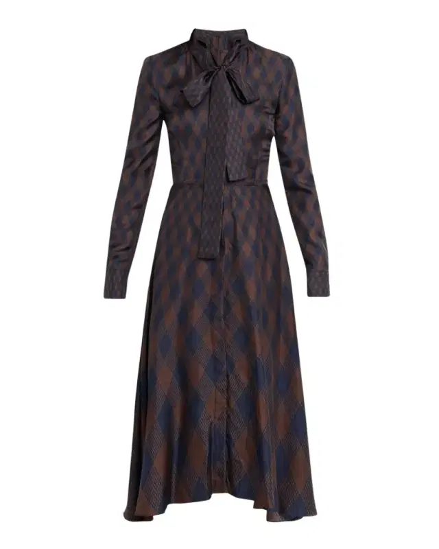 Oscar de la Renta Long-Sleeve Tie-Neck Argyle Silk Midi Dress