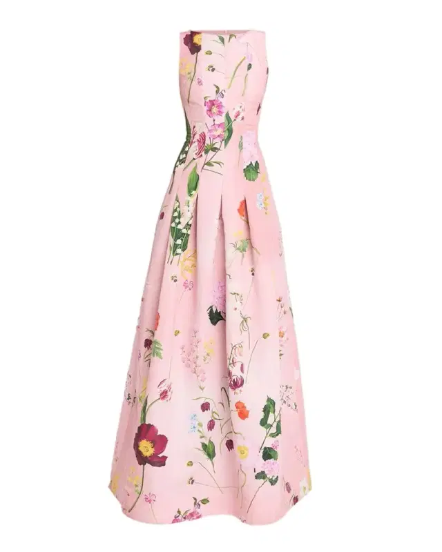 Oscar de la Renta Mixed Botanical Print Cotton Pleated Sleeveless Gown