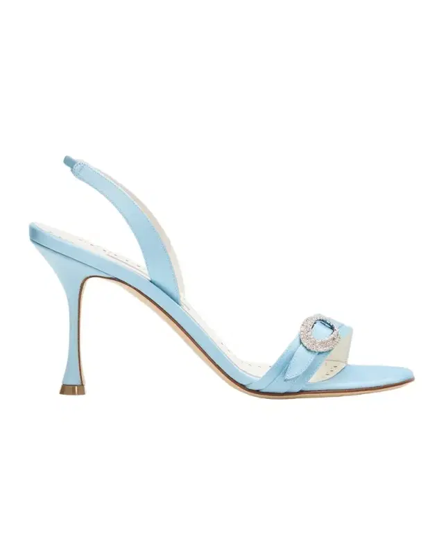 Manolo Blahnik 90mm Zutosan Satin Embellished Buckle Slingback Sandals