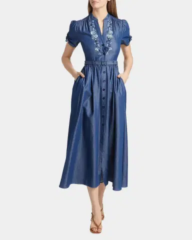 Saloni Ena Floral-Embroidered Cotton-Blend Midi Shirtdress | Thumbnail 2