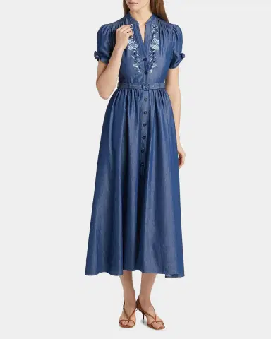 Saloni Ena Floral-Embroidered Cotton-Blend Midi Shirtdress | Thumbnail 4