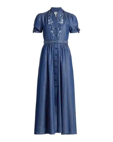 Saloni Ena Floral-Embroidered Cotton-Blend Midi Shirtdress | Thumbnail 1