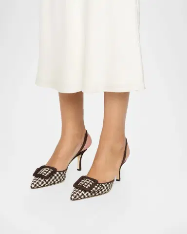 Manolo Blahnik 70mm Mayslibi Houndstooth Tweed and Suede Slingback Pumps | Thumbnail 2