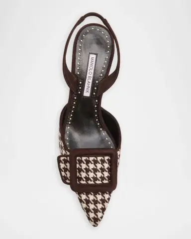 Manolo Blahnik 70mm Mayslibi Houndstooth Tweed and Suede Slingback Pumps | Thumbnail 6