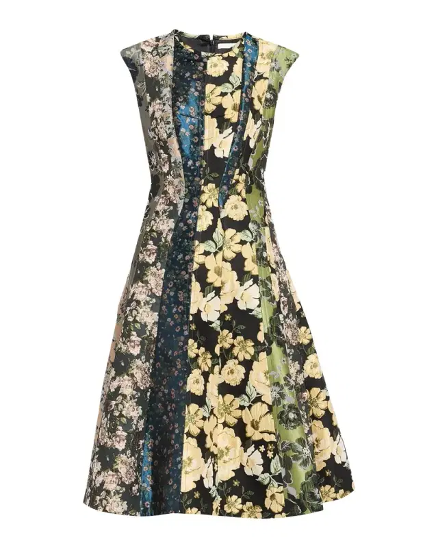 Jason Wu Collection Mixed Floral Silk Jacquard Patchwork Midi Dress