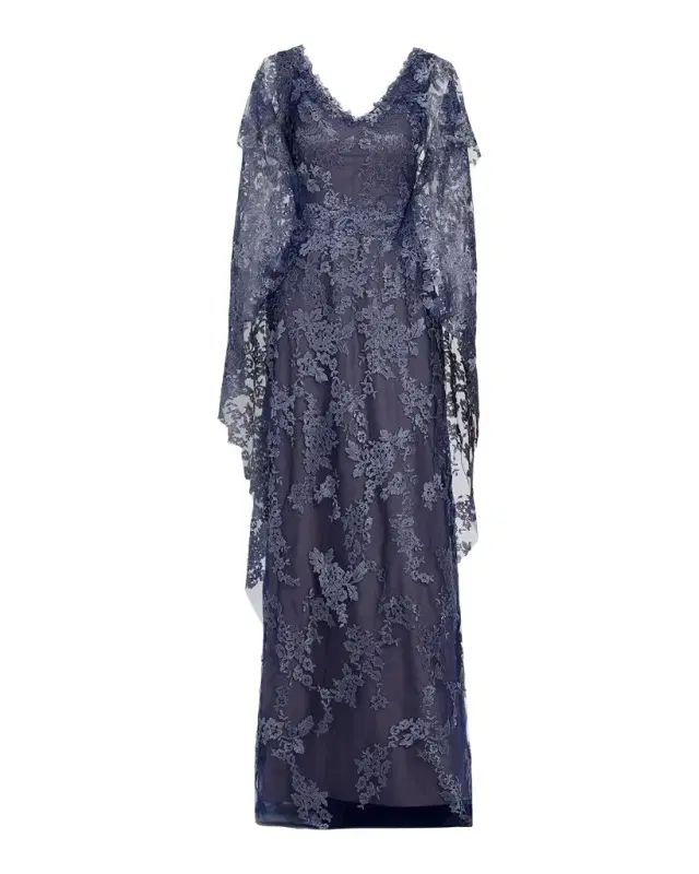 Rene Ruiz Collection V-Neck Lace Cape Gown