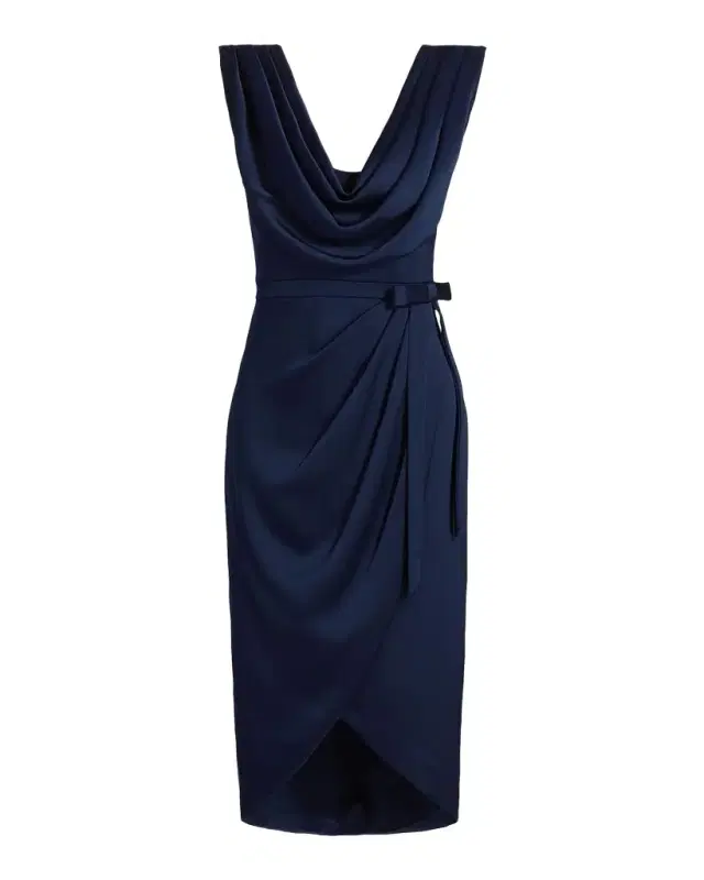 Theia Stephanie Satin Wrap Midi Cocktail Dress