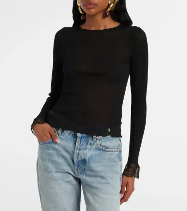 Saint Laurent Lace-trimmed ribbed-knit silk top | Thumbnail 5 Saint Laurent Lace-trimmed ribbed-knit silk top | Thumbnail 5