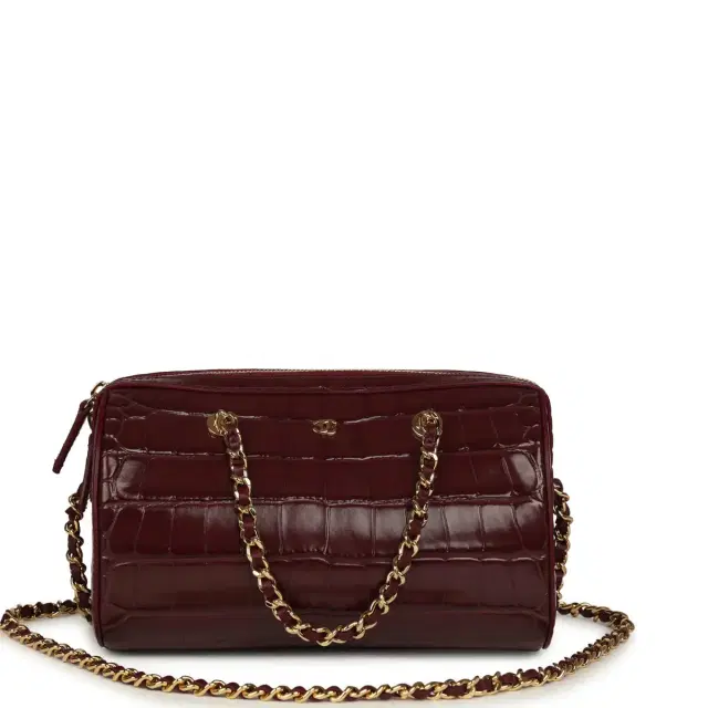 Chanel Chanel Mini Timeless Classic Barrel Bag with Chain Dark Burgundy Croco Embossed Calfskin Gold Hardware