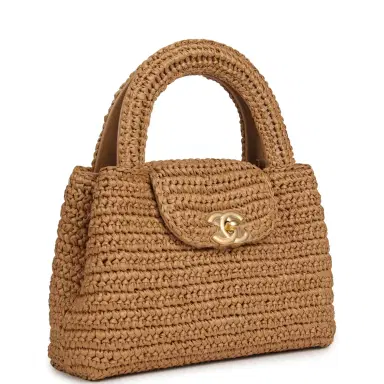 Chanel Chanel Small Kelly Dark Beige Raffia Brushed Gold Hardware | Thumbnail 2