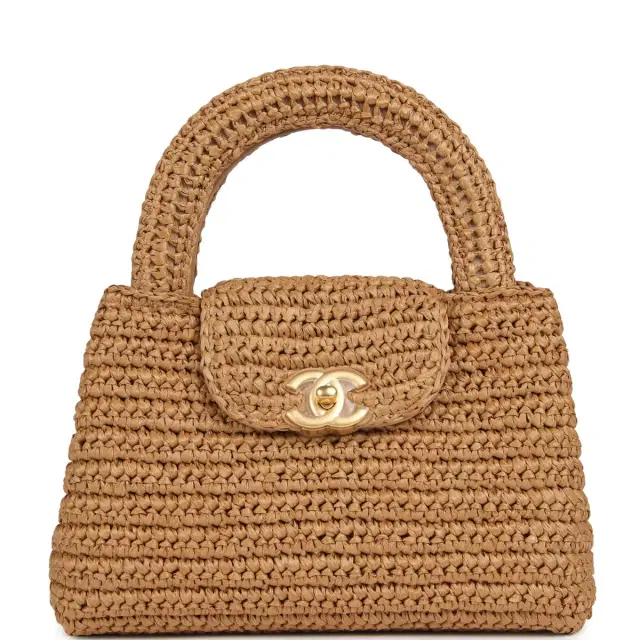 Chanel Chanel Small Kelly Dark Beige Raffia Brushed Gold Hardware