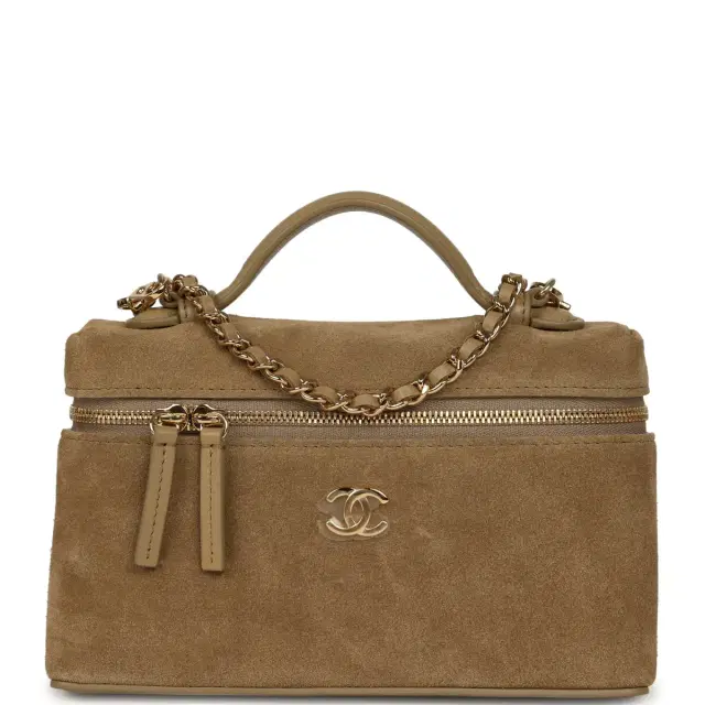Chanel Chanel Top Handle Long Vanity Case with Chain Dark Beige Suede Gold Hardware