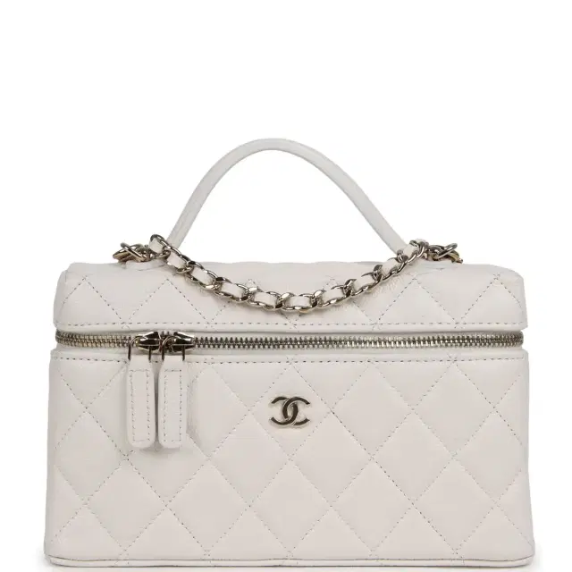 Chanel Chanel Top Handle Long Vanity Case with Chain White Shiny Caviar Light Gold Hardware