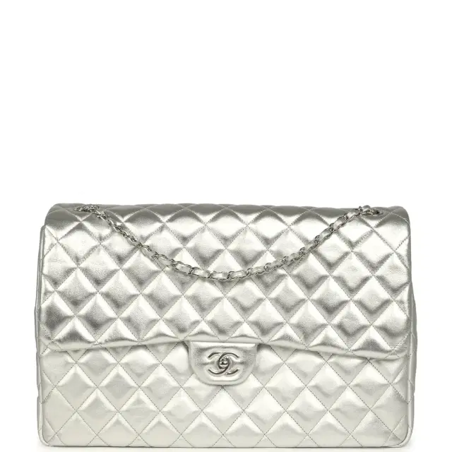 Chanel Chanel XXL Classic Single Flap Bag Silver Metallic Lambskin Silver Hardware