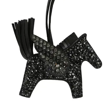 HERMÈS Custom Black Swarovski Crystal Hermes Bedazzled Pegase Rodeo Bag Charm PM Black Milo Lambskin | Thumbnail 3