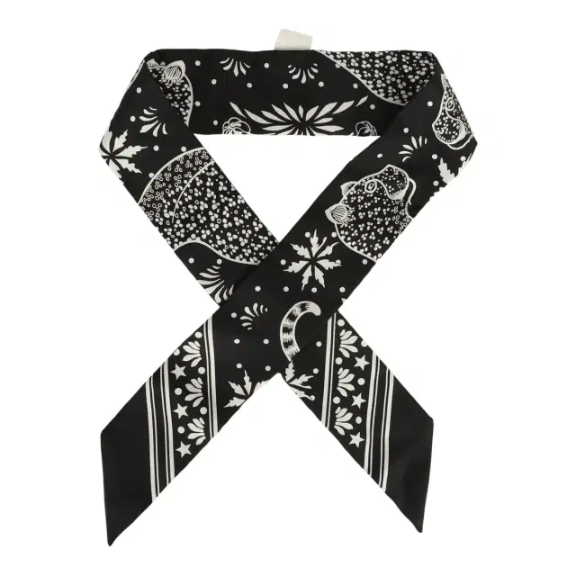 HERMÈS Hermes "Les Leopards" Black, White Silk Twilly