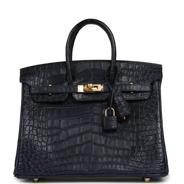 HERMÈS Hermes Birkin 25 Bleu Indigo Matte Alligator Gold Hardware