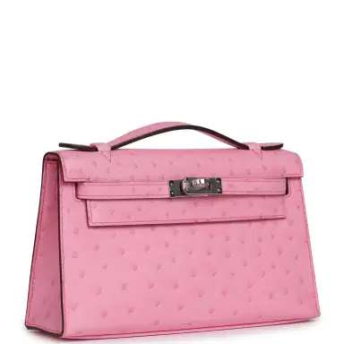 HERMÈS Hermes Kelly Pochette Bubblegum Ostrich Boreal Palladium Hardware | Thumbnail 2