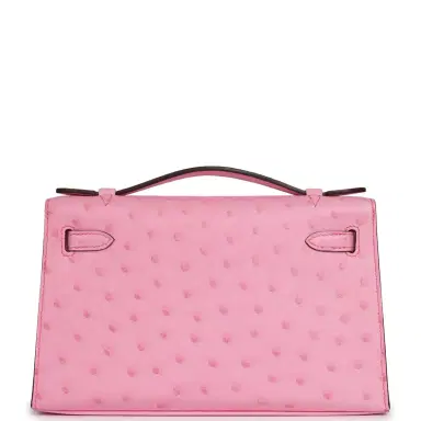 HERMÈS Hermes Kelly Pochette Bubblegum Ostrich Boreal Palladium Hardware | Thumbnail 4