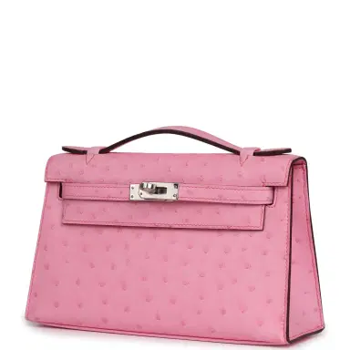 HERMÈS Hermes Kelly Pochette Bubblegum Ostrich Boreal Palladium Hardware | Thumbnail 5