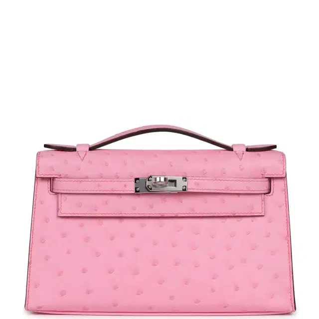 HERMÈS Hermes Kelly Pochette Bubblegum Ostrich Boreal Palladium Hardware
