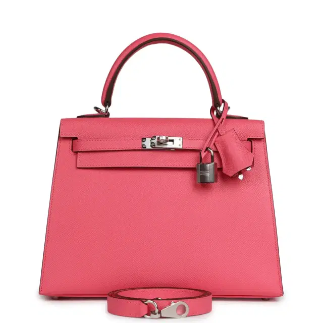 HERMÈS Hermes Kelly Sellier 25 Rose Azalee Epsom Palladium Hardware