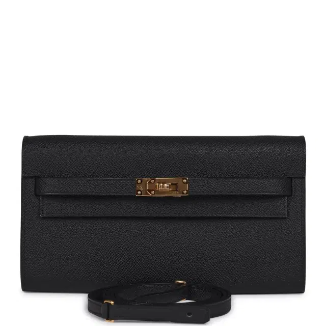 HERMÈS Hermes Kelly Wallet To Go Black Epsom Gold Hardware