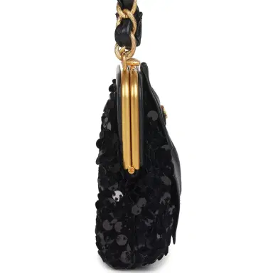 Chanel Pre-owned Chanel Mini Clutch with Bow Crossbody Bag Black Shiny Lambskin, Sequin Antique Gold Hardware | Thumbnail 3