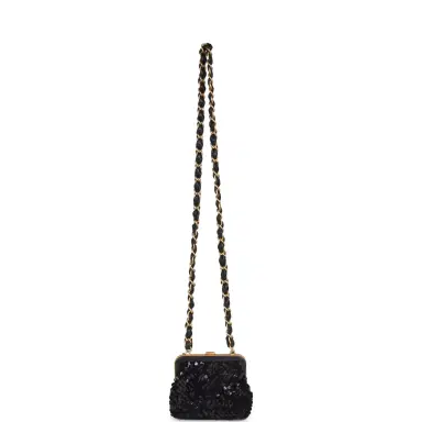 Chanel Pre-owned Chanel Mini Clutch with Bow Crossbody Bag Black Shiny Lambskin, Sequin Antique Gold Hardware | Thumbnail 7