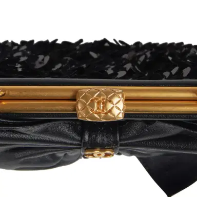 Chanel Pre-owned Chanel Mini Clutch with Bow Crossbody Bag Black Shiny Lambskin, Sequin Antique Gold Hardware | Thumbnail 8
