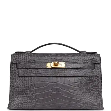 HERMÈS Pre-owned Hermes Kelly Pochette Gris Paris Matte Alligator Gold Hardware | Thumbnail 1
