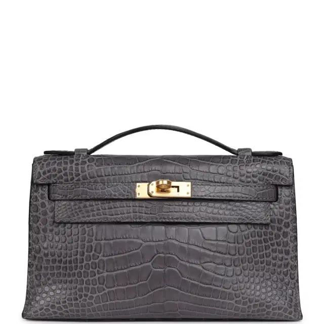 HERMÈS Pre-owned Hermes Kelly Pochette Gris Paris Matte Alligator Gold Hardware