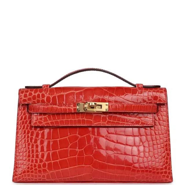 HERMÈS Pre-owned Hermes Kelly Pochette Rouge De Coeur Shiny Alligator Gold Hardware