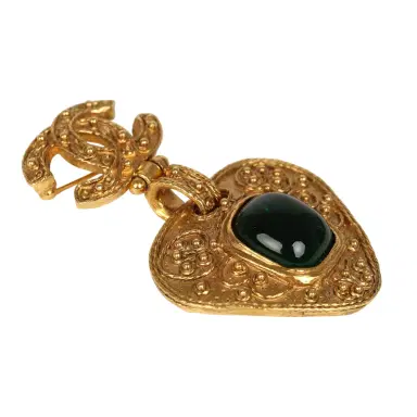 Chanel Vintage Chanel CC Dangle Gripoix Heart Brooch Green Gold Plated Hardware | Thumbnail 2