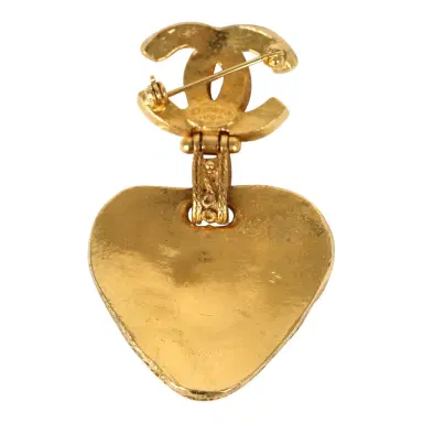 Chanel Vintage Chanel CC Dangle Gripoix Heart Brooch Green Gold Plated Hardware | Thumbnail 4
