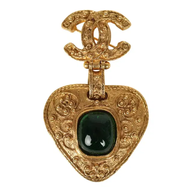 Chanel Vintage Chanel CC Dangle Gripoix Heart Brooch Green Gold Plated Hardware