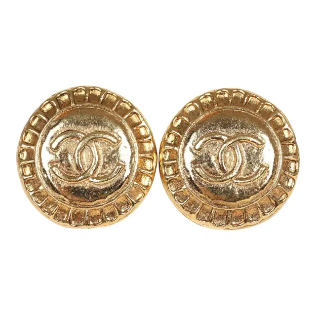 Chanel Vintage Chanel Small Round Sun Border CC Clip On Earrings Gold Plated Hardware