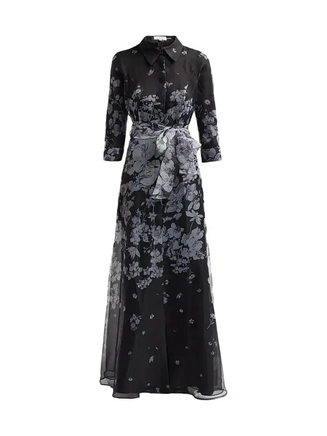 Teri Jon by Rickie Freeman Women's Floral Organza Tie-Waist Shirt Gown - Black Silver