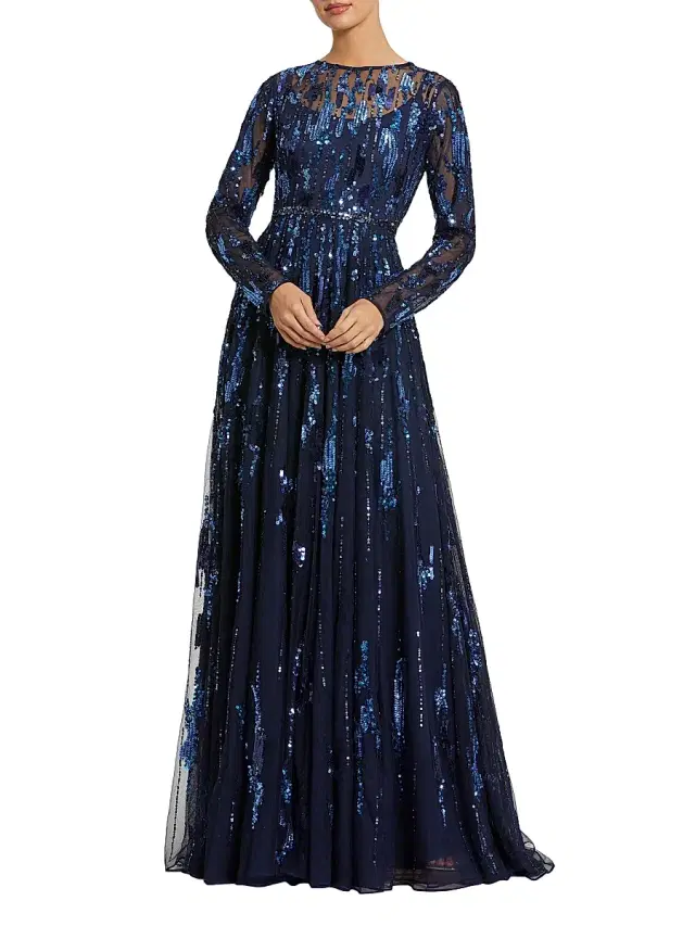 Mac Duggal Women's Evening Mesh Long-Sleeve Gown