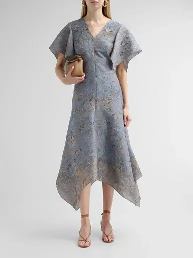 PRABAL GURUNG Women's Jacquard Handkerchief Hem Midi Dress - Blue Gold - Size 2 | Thumbnail 2