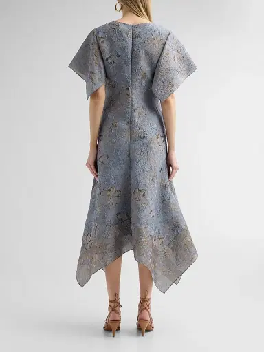 PRABAL GURUNG Women's Jacquard Handkerchief Hem Midi Dress - Blue Gold - Size 2 | Thumbnail 3