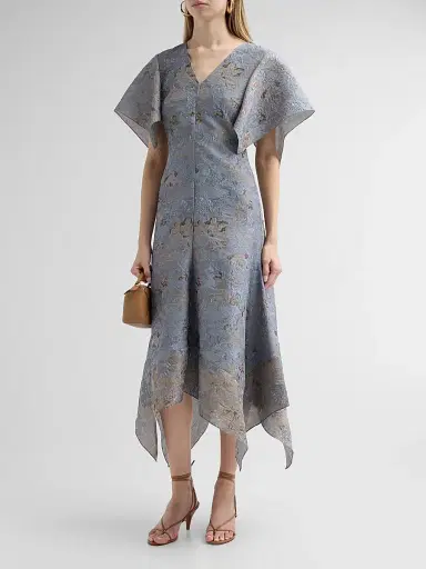 PRABAL GURUNG Women's Jacquard Handkerchief Hem Midi Dress - Blue Gold - Size 2 | Thumbnail 4