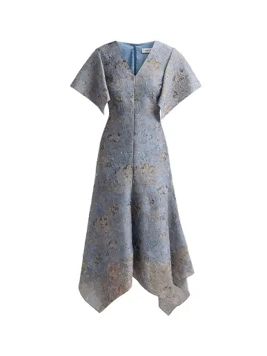PRABAL GURUNG Women's Jacquard Handkerchief Hem Midi Dress - Blue Gold - Size 2 | Thumbnail 1