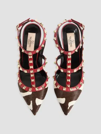 Valentino Garavani Women's Rockstud 0MM Pumps in Pony-Effect Calfskin - White Marrone Red | Thumbnail 4