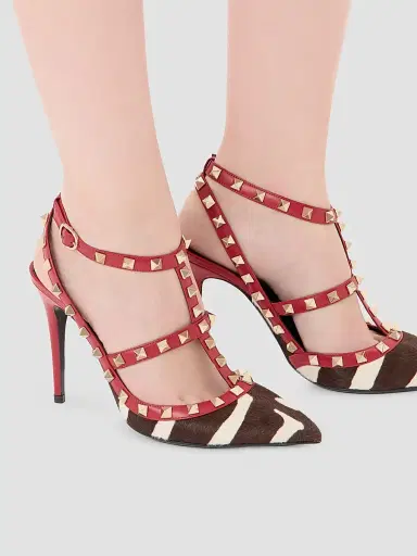 Valentino Garavani Women's Rockstud 0MM Pumps in Pony-Effect Calfskin - White Marrone Red | Thumbnail 7