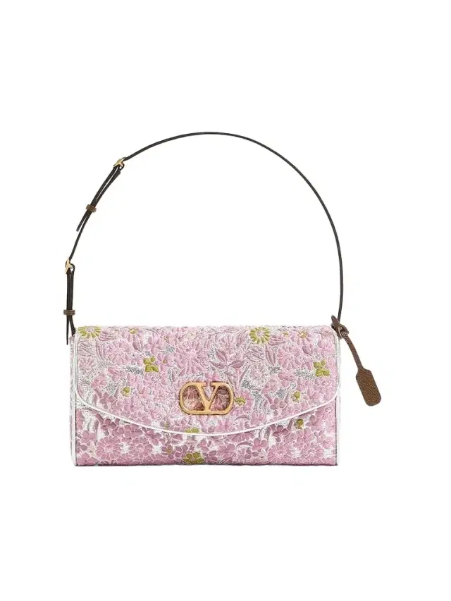 Valentino Garavani Women's DeVain  Shoulder Bag in Jacquard Lurex Fabric - Silver Pink