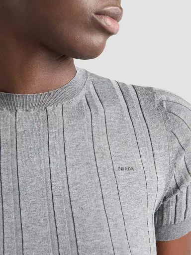 Prada Women's Short-Sleeved Ribbed Knit Cotton Sweater - Grey - Size 8 | Thumbnail 3 Prada Women's Short-Sleeved Ribbed Knit Cotton Sweater - Grey - Size 8 | Thumbnail 3