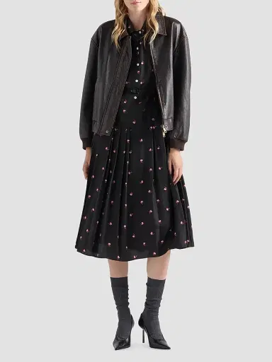 Prada Women's Floral Print Washed Silk Dress - Black Multi - Size 0 | Thumbnail 2