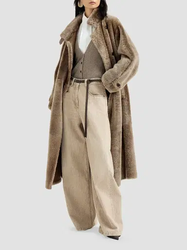 Brunello Cucinelli Women's Shearling Coat with Belt and Monili - Light Brown | Thumbnail 2